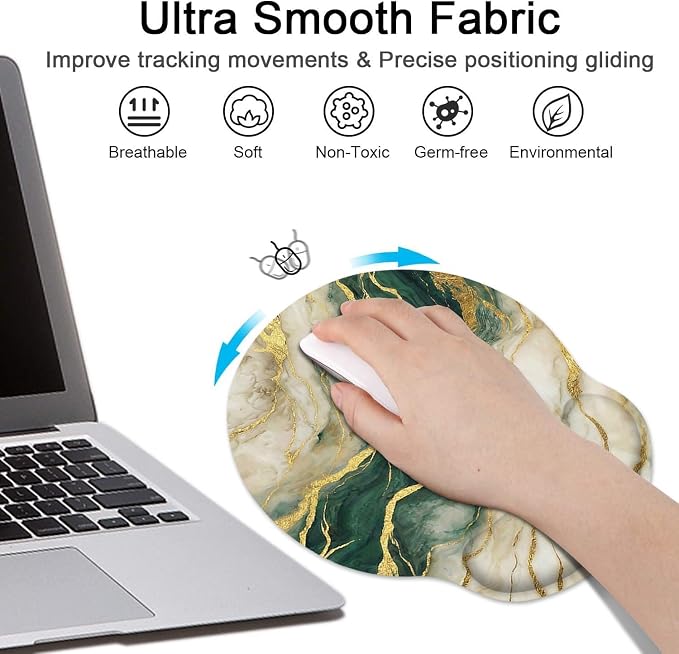 Britimes Marble Abstract Gold Green Modern Ergonomic Mouse Pad Set with Wrist Rest Non-Slip Rubber Base Wrist Cushion Support and Coasters Mousepad with Wrist Support for Computer Keyboard and Desk