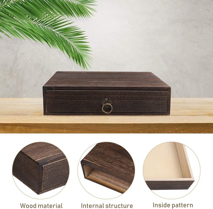Cabilock Rustic Solid Wood Single Desktop Drawer – Vintage Apothecary Style Monitor Stand & Desk Organizer, Distressed Wood Storage Box for Office Supplies, Jewelry & Crafts (Coffee)