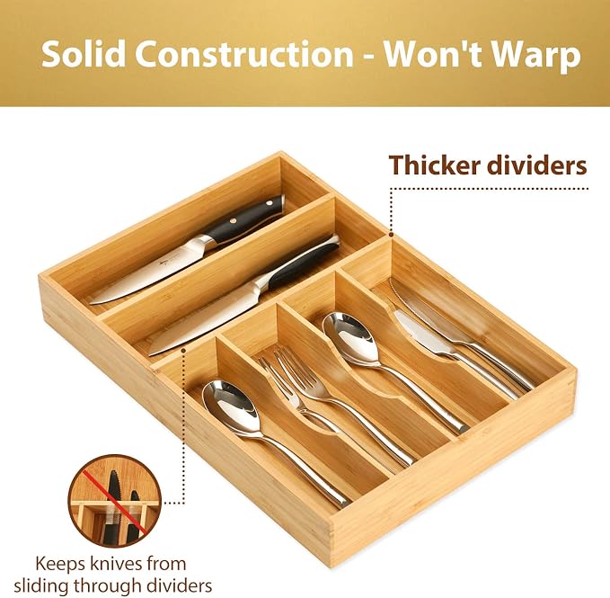 Kitchen Drawer Organizer, 12 Inch Silverware Utensil Tray Holder, Extra Deep, with Non-Slip Feet & Grooved Drawer Divider, 6 Slots Total Bamboo Wood Caddy for Flatware Cutlery Knives