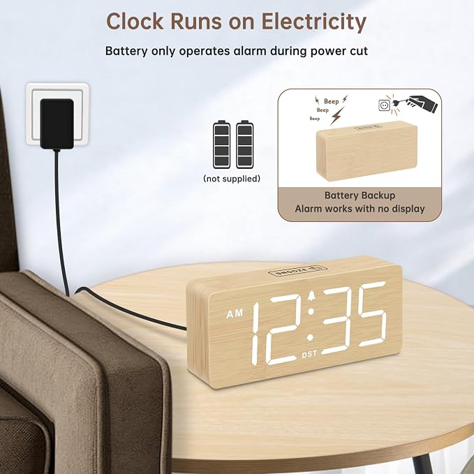 DreamSky Wooden Digital Alarm Clock for Bedroom with Large Numbers | Desk Clock for Living Room Office, Loud Alarm for Heavy Sleepers Adults, Volume Control, Dimmer, DST, Wood Decor (Plug-in)