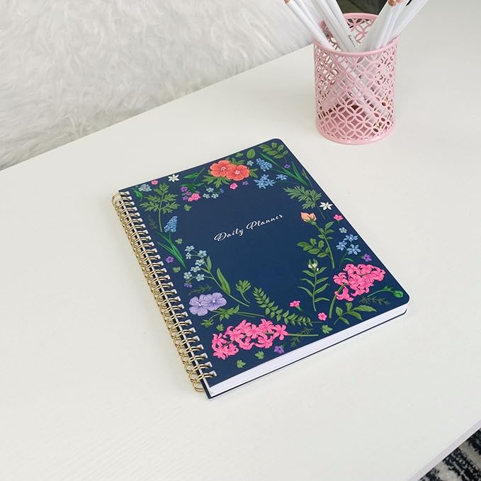 BLU MONACO | Daily Planner Undated Notebook | Navy Floral Spiral Hourly To Do List Planner | 160 Pages 80 Days | Organizer for Work Business School Appointments