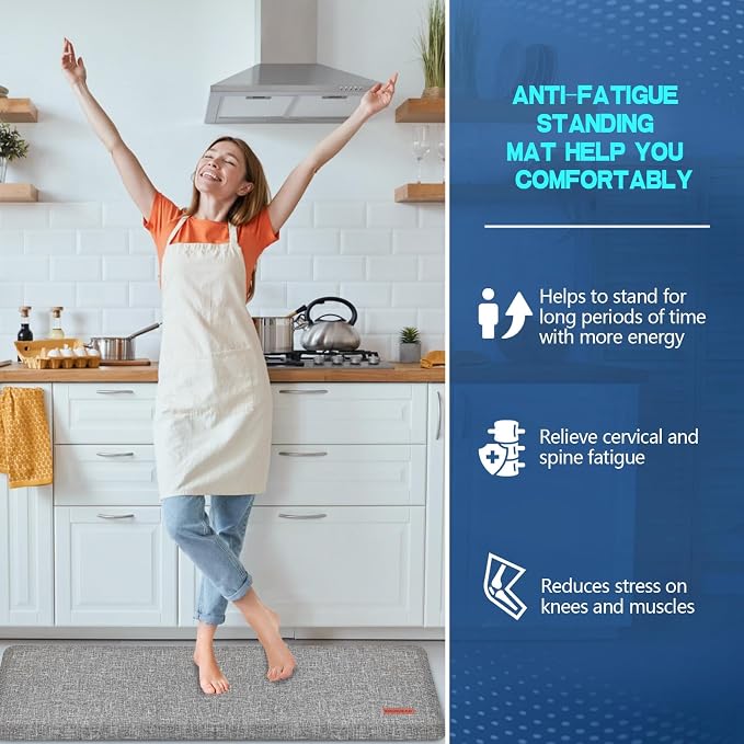 Anti Slip 7/8 inchs Anti Fatigue Kitchen Floor Mat, Ergonomic Comfort Standing Mat, Waterproof Kitchen Runner for Home, Kitchen, Office, Laundry, Garage (Light Gray, 17.3" x 60" -0.87")