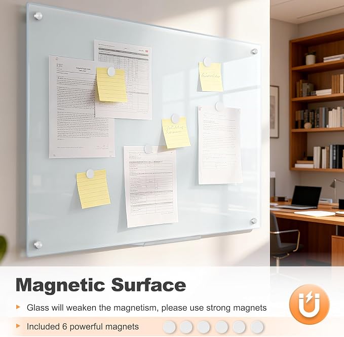 Dry Erase Board, 48'' x 36'' Magnetic Large Glass Whiteboard Frameless Wall Mounted Glass White Board for Office, School & Home with 1 Acrylic Marker Tray & 3 Strong Magnet