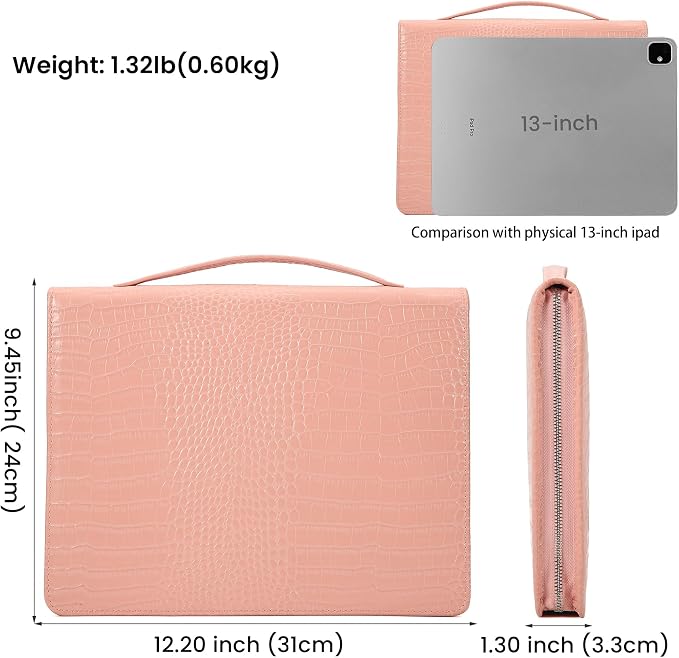 Croc-Pattern Leather Portfolio for Women with Handle, 11-13 inch iPad Holder Padfolio, Aesthetic Office Professional Organizer, Zippered Resume Binder for Interviews & Graduation Gift, Pink