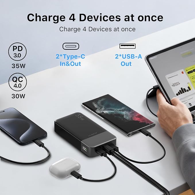 JUOVI Power Bank 35W 20000mAh Portable Charger Fast Charging, PD 3.0 QC 4.0 Phone Charger with LED Display, Travel Battery Pack 2 USB C 2 USB A Ports for iPhone 16/15/14 Series, Galaxy, iPad