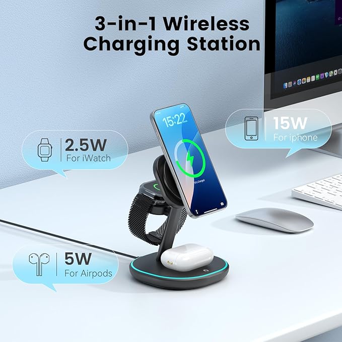 3-in-1 Charging Station, 2X Faster 15W Wireless Charging Station for iPhone 16/15/14/13/12, for Apple Watch, AirPods, Magnetic Wireless Charger with Sleep Friendly Light