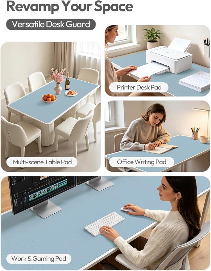 YSAGi Leather Desk Protector, Office Mat, Large Mouse Mat, Non-Slip PU Leather Blotter, Laptop Pad, Waterproof Writing Pad for Office and Home (Ice Blue, 47" x 17")