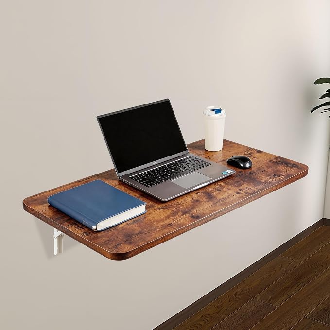 Neoaider Wall Mounted Folding Table 31.5”L x 15.7”W, Laundry Folding Table with Heavy Duty Metal Collapsible Shelf Brackets, Wall Mounted Desk Fold Down for Small Spaces, Brown
