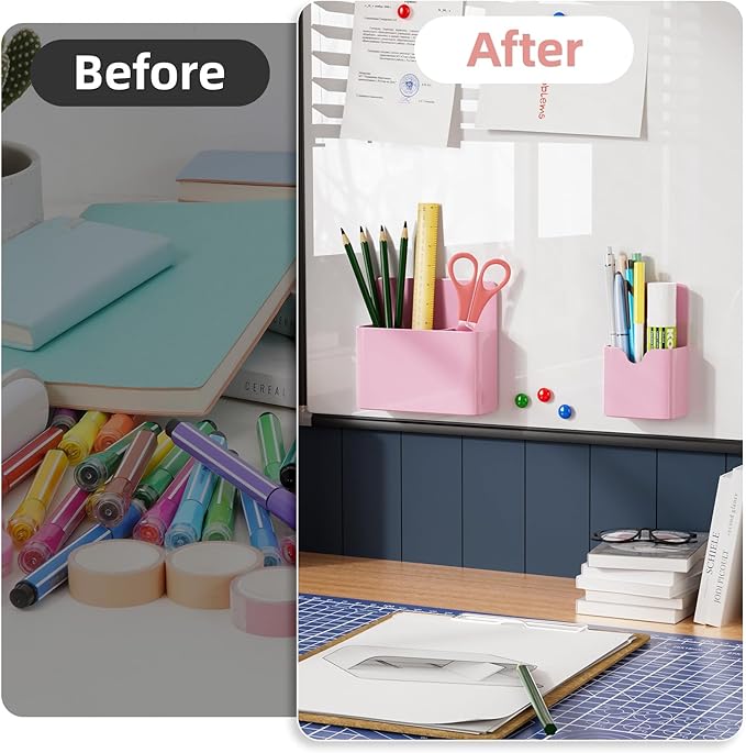 Marbrasse Magnetic Dry Erase Marker Holder,Pen and Eraser Holder for Whiteboard，Magnet Pencil Cup Utility Storage Organizer for Office, Refrigerator, Locker and Metal Cabinets (Pink)