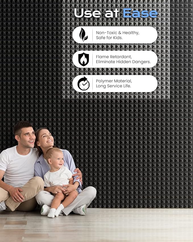 Sonicism Sound Proof Foam Panels for Walls Pyramid 48 Pack Self-Adhesive, 1" X 12" X 12" Acoustic Panels of 35kg/m³High Density Soundproof Wall Panels Fast Expand,Sound Absorption and Decoration(Gray)