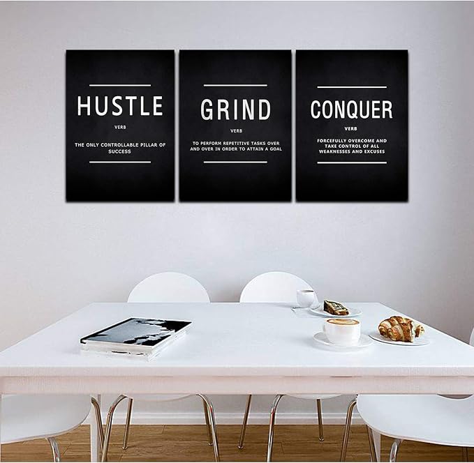 KAWAHONE Success Quotes Wall Art, Grind Hustle Conquer Motivation Wall Poster Framed Positive Sayings Wall Hanging Inspirational Quotes for Home Office Workplace - 20x28inx3pcs