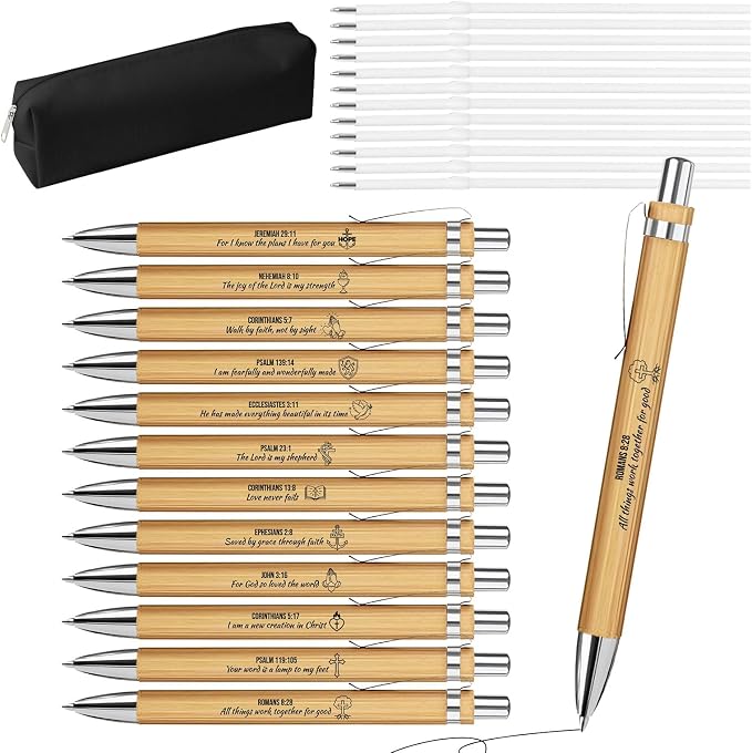 Bible Verse Pens 25 Pcs with 12 Christian Pens & 12 Refills & 1 Black Pen Pouch Bamboo Retractable Ballpoint Pens Inspirational Quote Pen Religious Gifts for Men Women