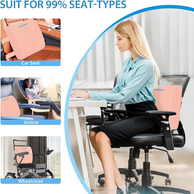 SweetSlubr Lumbar Support Pillow for Office Chair, Car & Gaming Chair, Ergonomic Memory Foam Cushion for Back Comfort, Zoned Back Support, Double Adjustable Straps, Breathable Washable Cover, Pink