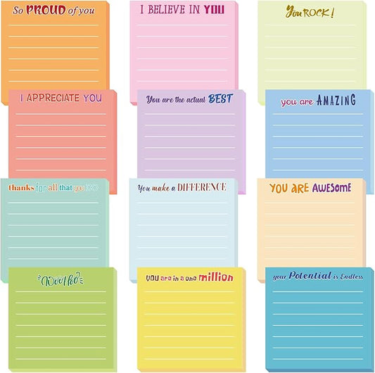 Yinder 12 Pcs Inspirational Sticky Notes Thank You Gift Motivational Sticky Note Pad Employee Appreciation Gift Bulk for Staff Coworker Teacher Nurse Office Groups 3 x 3'' (Appreciation,Light)