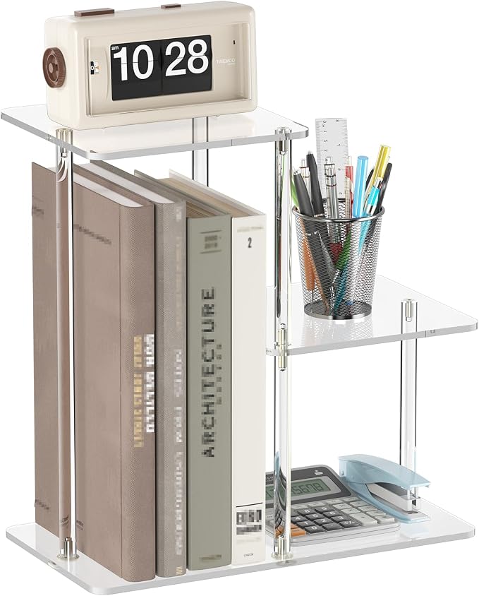 Acrylic Desktop Bookshelf, 7.9" D x 15" W x 15.3" H, Small Desktop Shelves Organizer, 3-Tier Clear Mini Table Top Shelf for Office Supplies and Desk Accessories, Easy Assembly