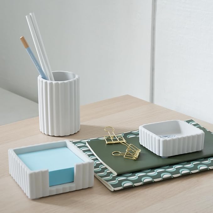 Aesthetic Desk Organizer Set of 3 For Your Office - Sturdy Concrete Desktop Accessories For Women Enhance Any Office Decor - Set incl. Pen Holder, Paperclip Storage & Sticky Note Holder for Teacher