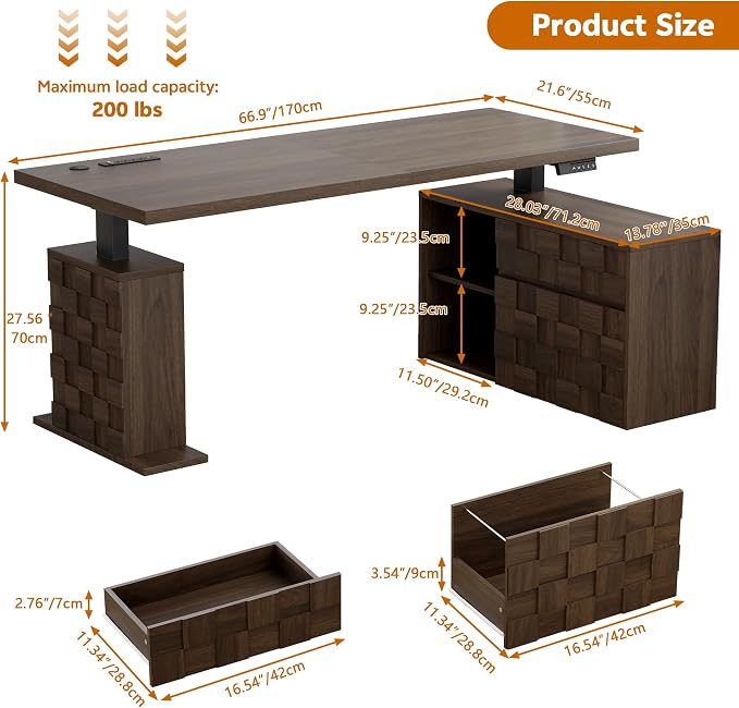 67" L Shaped Standing Desk with Drawers, Electric Height Adjustable Corner Desk, Sit Stand Office Desk with 4 AC Outlets & Type C Port, Executive Computer Desk with Cabinet, Brown
