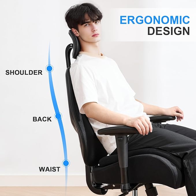Office Chair with Ergonomic Lumbar Support and Mesh Back for Home Office, Desk Chair with Wide Seat and Adjustable Arms for Computer Desk, Computer Chair with Rocking Backrest and Wheels for Work