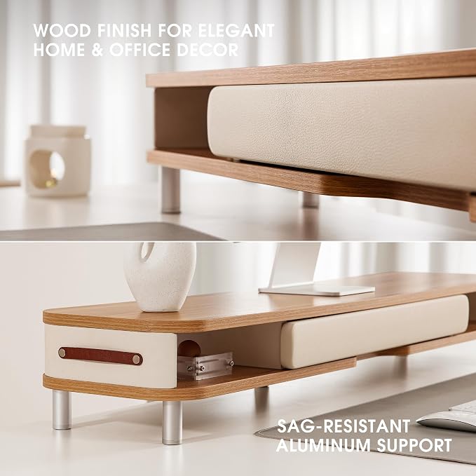 Fenge Dual Monitor Stand with Large Storage Drawer, 42.5" Dsek Shelf, Oak | Slide-Out Drawer, Ergonomic Monitor Riser, Aluminum leg, 2-Tier Desk Organizer for Laptop, TV, PC