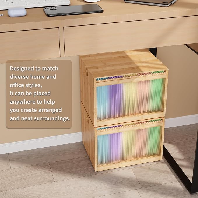 Bamboo Hanging File Organizer, Desktop File Box with Lids, 2 Pack, Natural | Removable Lid, Clear Acrylic Side Panels, 4 Hanging Folders Included, Helps Reduce Dust, Letter & Legal Size, Easy Assembly