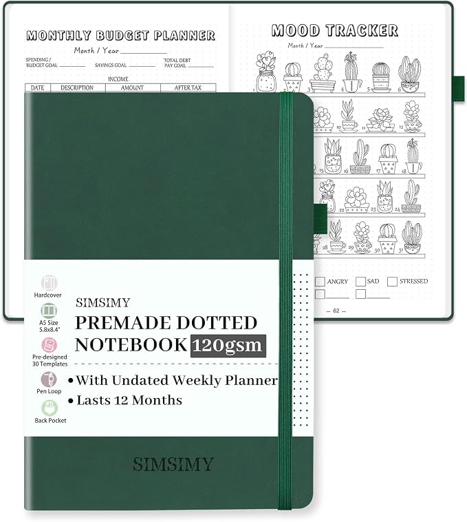 Dotted Journal Notebook with Premade Bullet Templates, Pre-made Dot Grid Journaling with Undated Weekly & Monthly Planner, Various Trackers - 12 Month Organization, A5 Hardcover