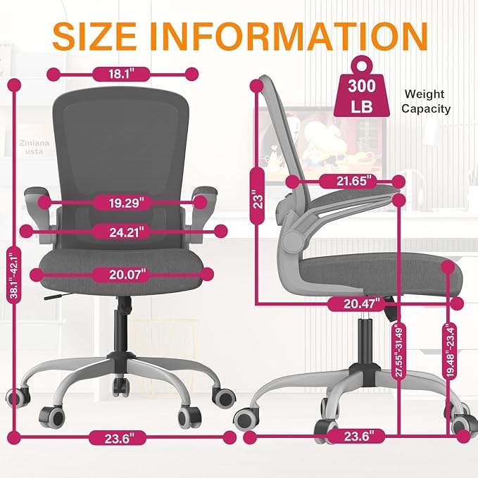 Mimoglad Office Chair, Ergonomic Desk Chair with Adjustable Lumbar Support, High Back Mesh Computer Chair with Flip-up Armrests-BIFMA Passed Task Chairs, Executive Chair for Home Office | Supports 300 lbs · Seat 19.48"–23.4" · Breathable mesh · 20–30 m...