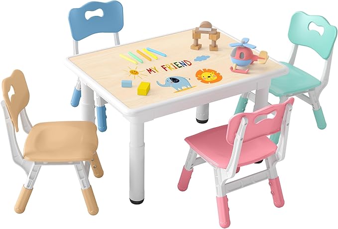 DOREROOM Adjustable Kids Table & 4 Chairs Set, 31.5"L x 23.6"W, Multicolor | Graffiti Desktop,Table Supports 300 lbs,Toddler Ages 2-8，FSC-certified, Children Activity Table for Daycare, Classroom, Home