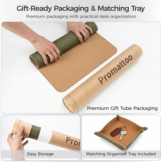 Premium Faux Leather Desk Mat & Tray Set，Innovative Cork-Look Printed Base，Gift Tube Packaging，Full-Desk Coverage，Non-Slip Desk Pad for Office Home（Olive Green）