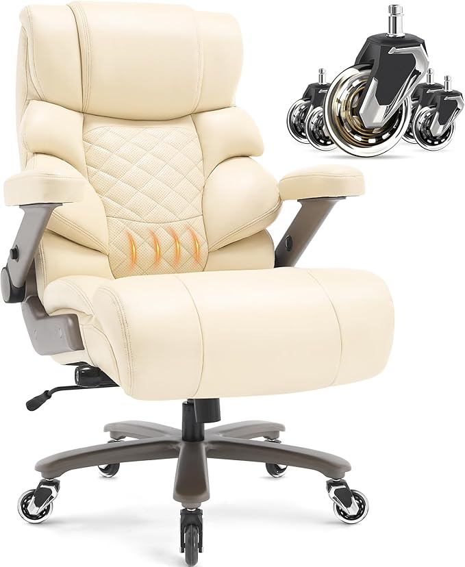 VUZI 700lbs Big and Tall Office Chair, Large Executive Leather Desk Chair | Adjustable Lumbar Support for Back Pain, Plus Size Wheels, 3D Flip Arms, Heavy Duty Metal Base, Wide Seat Computer Chair