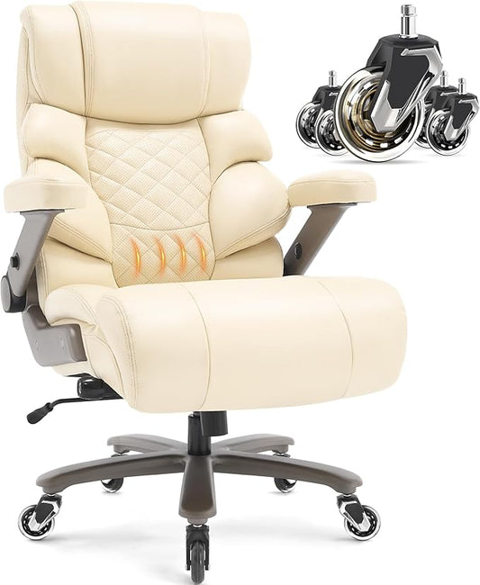 VUZI 700lbs Big and Tall Office Chair, Large Executive Leather Desk Chair | Adjustable Lumbar Support for Back Pain, Plus Size Wheels, 3D Flip Arms, Heavy Duty Metal Base, Wide Seat Computer Chair