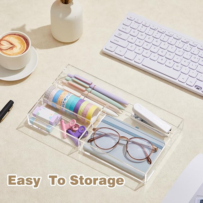 Briwooody Clear Acrylic Drawer Organizer,4 Compartments,Small | 11 x 6.1 x 1.38 Inch Desk Storage Tray Organizer for Pen, Stationery, Desktop, Office, Bathroom, Kitchen, Makeup Supplies