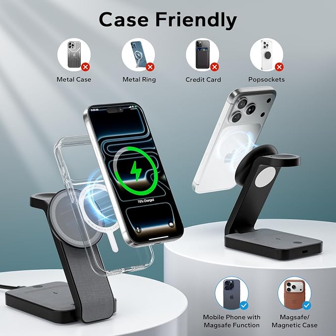 3 in 1 Foldable Wireless Charging Station for MagSafe, Nightstand Magnetic Charger Stand for iPhone 17 16 15 14 Pro Max, Travel Charging Dock with Night Light for Apple Watch/AirPods (Black)