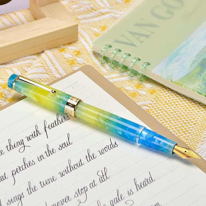 Asvine P20 Piston Fountain Pen, Stub Nib 1.1mm Calligraphy Art Drawing Gradual Yellow Acrylic with Case Set