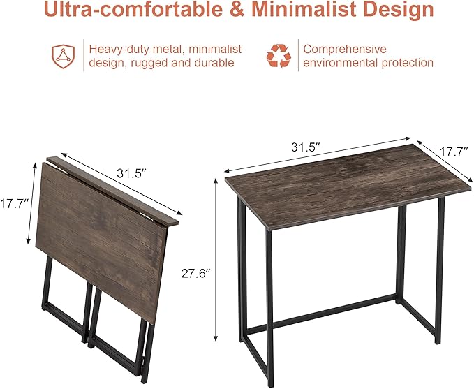 VECELO Folding Desk 31.5 Inch Writing Desk Home Office Sturdy Steel Laptop Table for Home Office Work Classic Brown