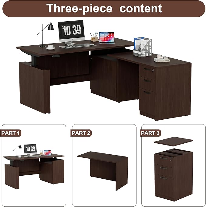 66.93" L Shaped Executive Standing Desk with Pre-Assembled Frame & Lockable Cabinets, Fixed Right-Facing Design, Dual-Motor Height Adjustable Desk for Corporate & Home Office (Espresso-Right-Fix)