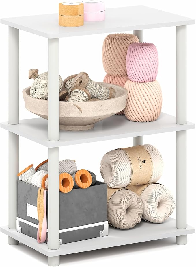 Furinno Turn-N-Tube Storage Shelves, 3-Tier Book Shelf, Corner Shelf, Toolless Open Shelves, for Organization and Storage, Living Room, Garage, Home Office, White