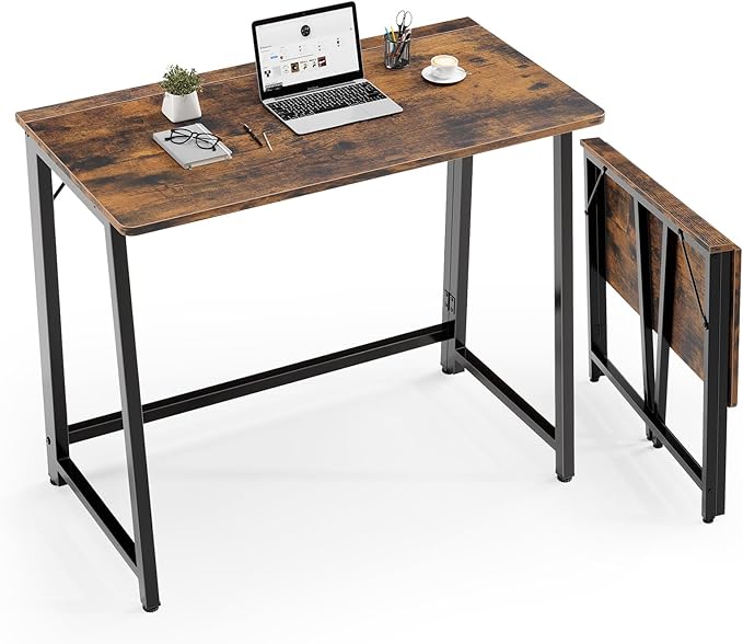 DUMOS 31.5 Inch Folding Desk, Foldable Computer Table for Small Spaces, Metal Frame Gaming Writing Work Station, Mini Home Office Surface, Rustic Brown