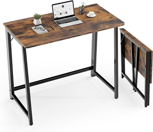 DUMOS 31.5 Inch Folding Desk, Foldable Computer Table for Small Spaces, Metal Frame Gaming Writing Work Station, Mini Home Office Surface, Rustic Brown
