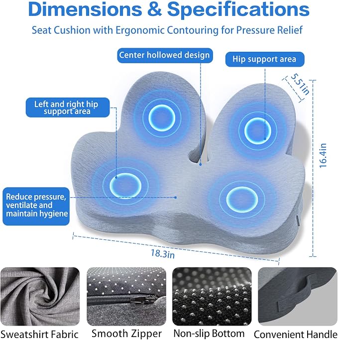 Memory Foam Seat Cushion for Sciatica & Tailbone Pain Relief – Comfort Support for Office Chair, Car Seat, Airplane, Long Sitting Workers & Drivers (Gray)