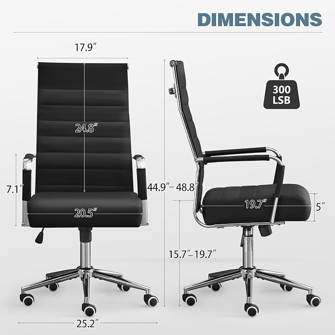JOMEED Office Desk Chair,Conference Room Chair,High Back PU Leather Swivel | Modern Executive Ribbed Design, Ergonomic, Height Adjustable, Wheels and Arms, for Home Office(Black-Silver Frame)
