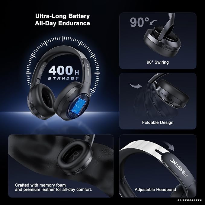Hybrid Active Noise Cancelling Headphones, Bluetooth 6.0 Over Ear Headphones,120H Battery Fast Charging, Hi-Res Audio, Transparency Mode, Deep Bass, Memory Foam Comfort Fit for Travel Office Home