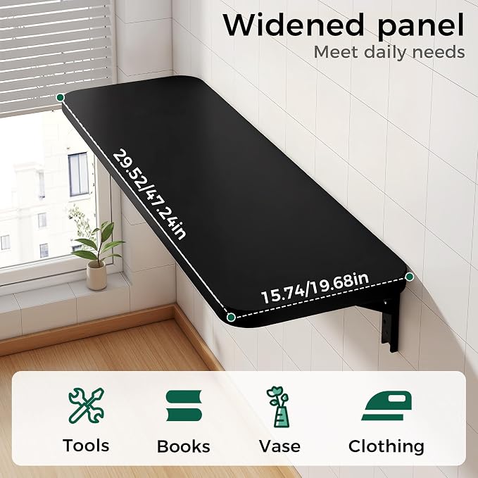 Wall Mounted Folding Table, Folding Desk, The Preferred Choice for Garages and Sheds/Home Offices/Laundries/Home Bars/Kitchens (Black, 29.52" D x 15.74" W)