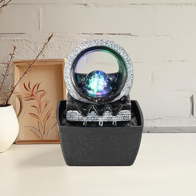 Tabletop Water Fountains, 3 Gears Desktop Fountain Indoor with Led Rolling Ball, Table Top Small Water Feature Interior Zen Relaxation Decor for Home Bedroom Living Room Office Apartment