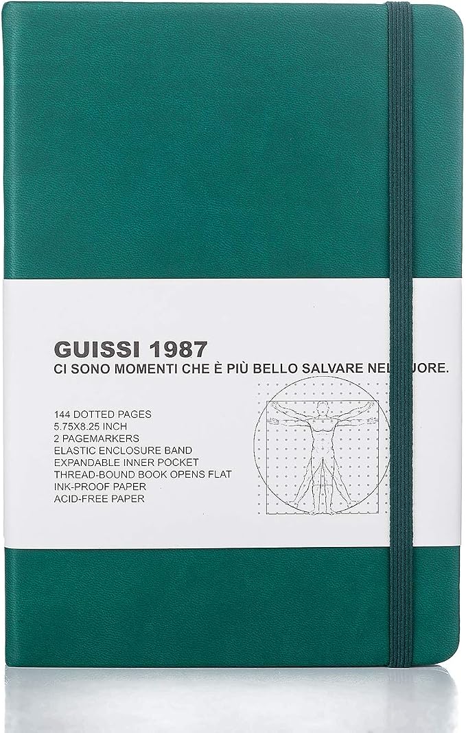 Guissi Classic Dotted Grid Bullet Notebook Journal Dot Hard Cover A5 Premium 80gsm Thick Acid-Free Paper with Fine Inner Pocket Faux Leather Office School Supplies 144 Pages Desgned in Florence