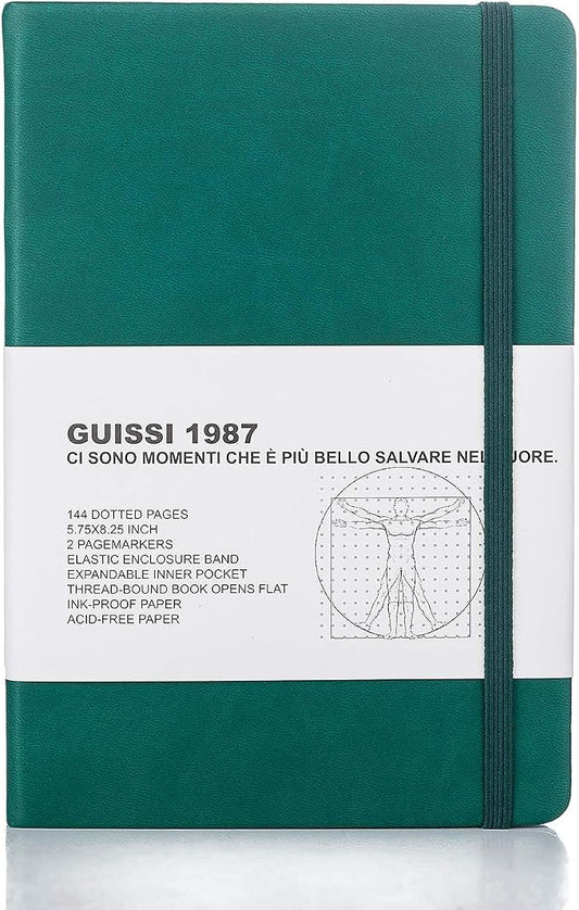 Guissi Classic Dotted Grid Bullet Notebook Journal Dot Hard Cover A5 Premium 80gsm Thick Acid-Free Paper with Fine Inner Pocket Faux Leather Office School Supplies 144 Pages Desgned in Florence