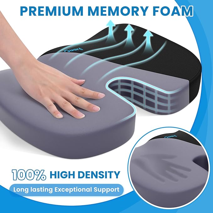 TushGuard Seat Cushion for Office Chair, Memory Foam Chair Cushion, Black | Office Chair Cushion for Car, Airplane - Chair Pad, Butt Pillow for Long Sitting Sciatica, Hip, Coccyx,Tailbone Pain Relief