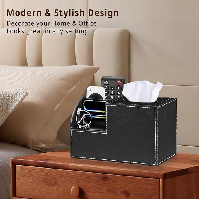 PU Leather Square Tissue Box Cover,Multi-Functional Tissue Cube Box Holder | Facial Tissue Box Cover with Storage,Tissue and Remote Control Holder,Cube Tissue Box Organizer Bedroom,Nightstand,End Table