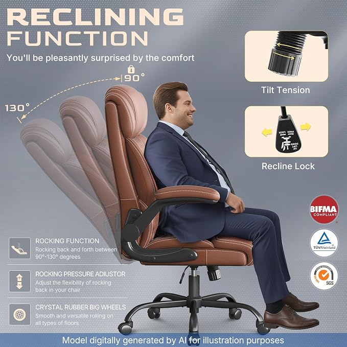 Office Chair-Executive High Back Breathable Big and Tall Office Chair Flip-up Armrests Lumbar Support-Ergonomic Leather Rolling Swivel Chair with Rock Function for Working Studying Gaming,Brown