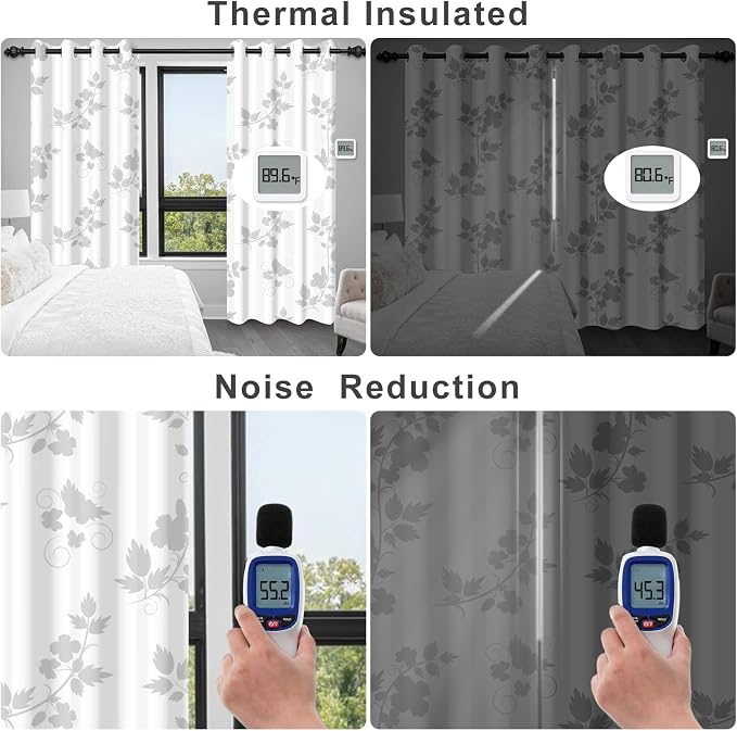 White Blackout Curtains 84 Inch Length 2 Panels Set, Light Grey Floral Thermal Insulated Window Black Out Bedroom Curtains, Soundproof Room Darkening Blackout Curtains for Bedroom and Living Room