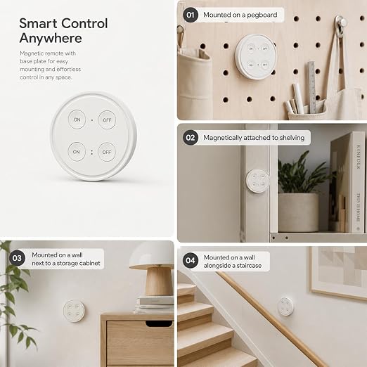 LoraTap Wireless Outlet (2 Pack) - Ergonomic Round Remote (Comfort Grip!) + Magnetic Wall Base - Stick & Grab, No Wall Damage - 15A/1875W 100ft Range - Control for Hard-to-Reach Sockets